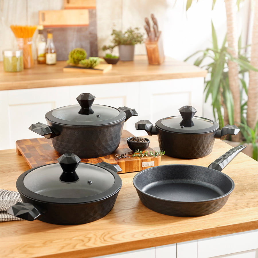 Karaca BioDiamond Powerful Antibacterial Handle Cookware Set with Kitchen Utensil Set, 9 Piece, Black